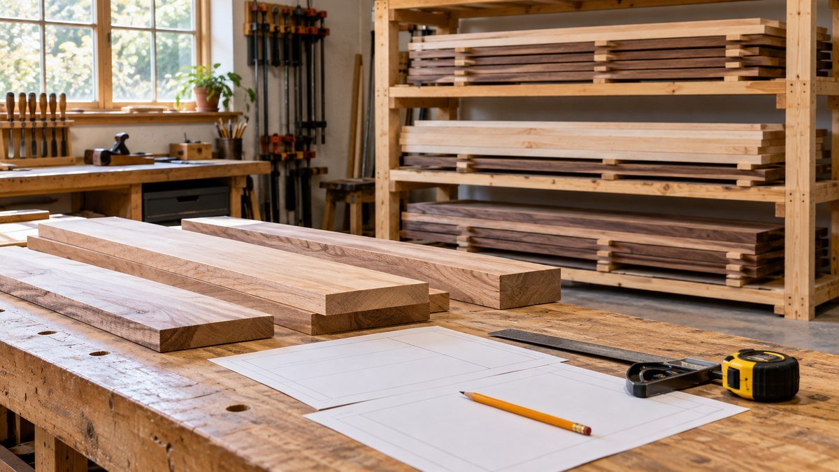Selected boards and blank cut plans in front of neatly stickered lumber stored on a level workshop rack.