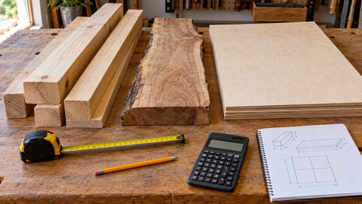 Dimensional lumber, rough hardwood, and plywood arranged with a tape measure and calculator for material estimating.