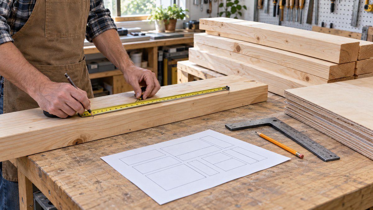 Woodworker carefully measuring a board beside stacked lumber, plywood, a square, and a cut layout.