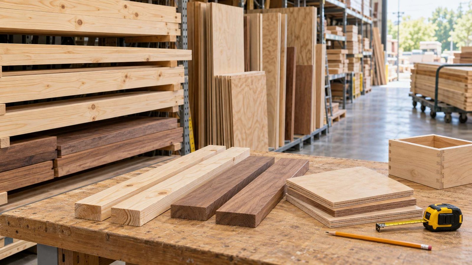 Softwood, hardwood, and plywood arranged on a lumberyard workbench beside a small wooden box and measuring tools.