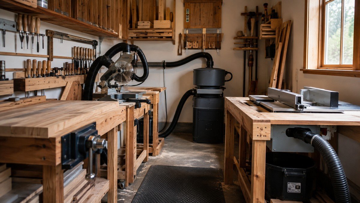 Clean small workshop with short dust hoses connected to tools and an unobstructed walking path.