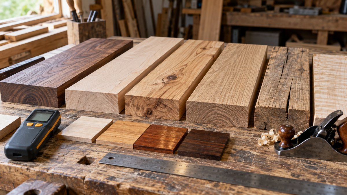 Boards with varied grain, color, end grain, and defects beside finish samples, a moisture meter, hand plane, and ruler.