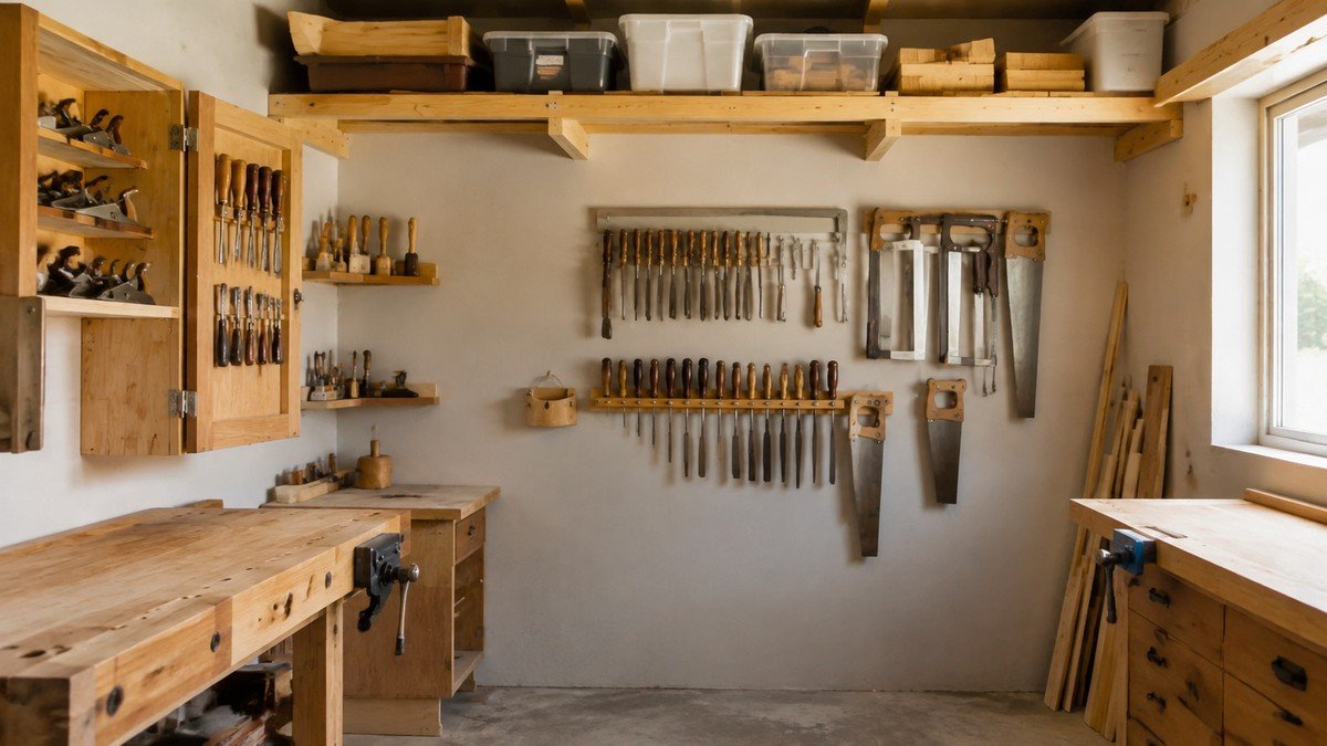 Workshop corner using shallow shelves, high storage for light bins, and wall-mounted hand tools.