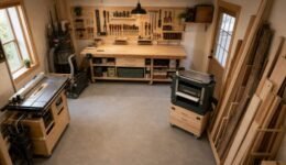 Organized 8x8 beginner woodshop with mobile machines, wall storage, a clear center aisle, and a sturdy bench.