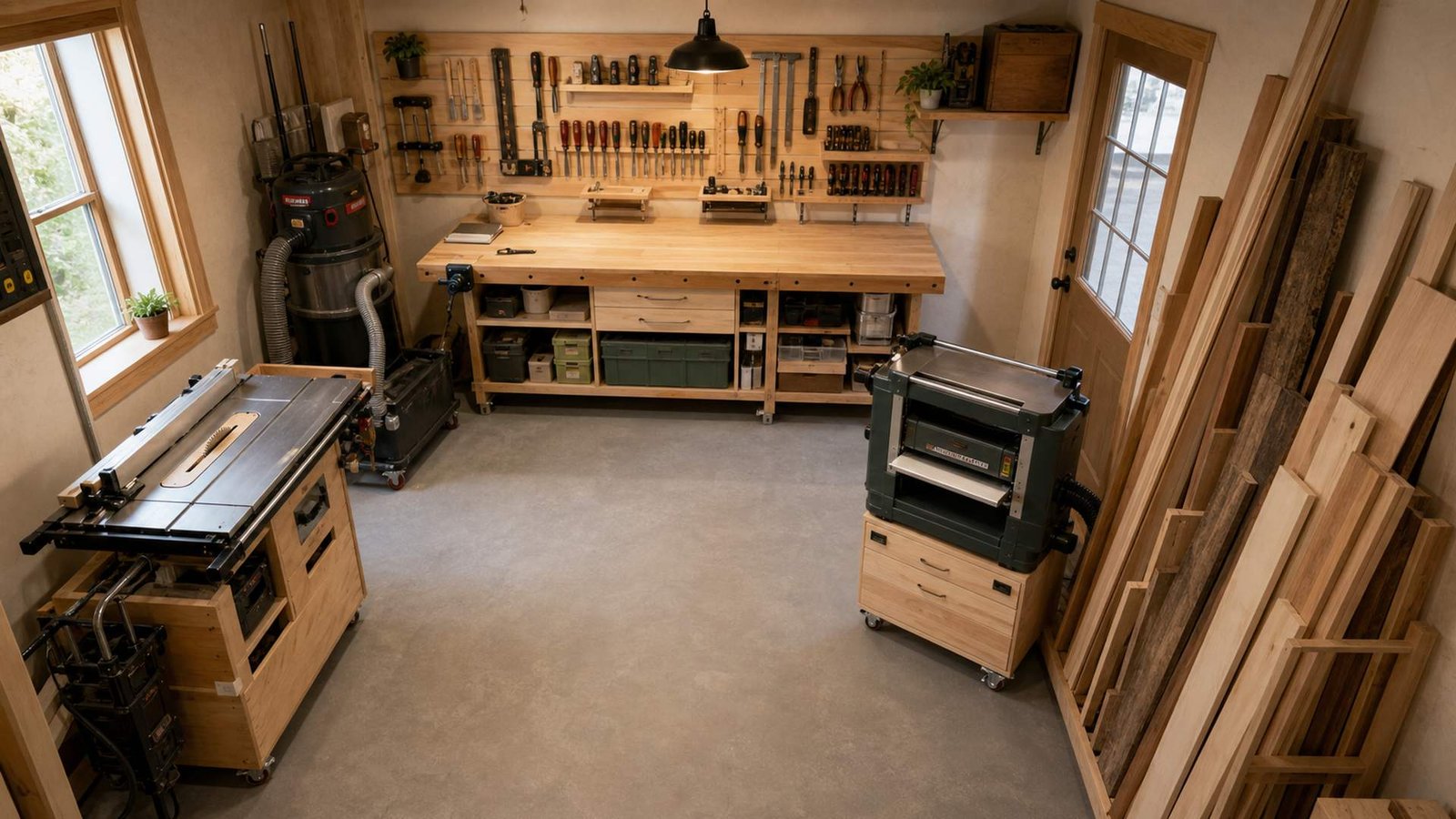 Organized 8x8 beginner woodshop with mobile machines, wall storage, a clear center aisle, and a sturdy bench.