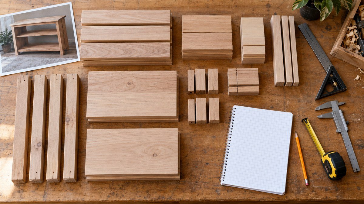 Sorted lumber and plywood with a clipboard, tape measure, pencil, calculator, and part tags.