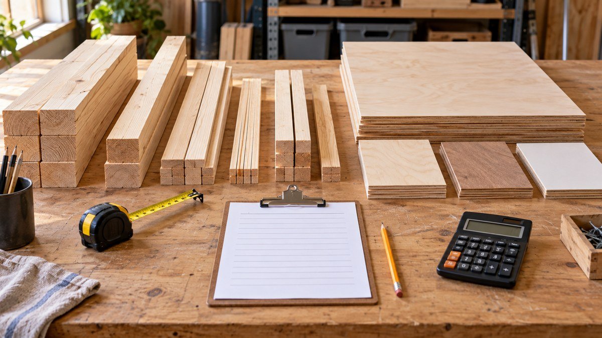 Sorted lumber and plywood with a tape measure, clipboard, pencil, and calculator ready for purchase planning.