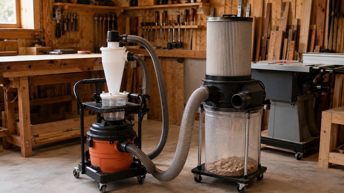 Cyclone separator and vacuum on a stable base beside a portable single-stage dust collector.