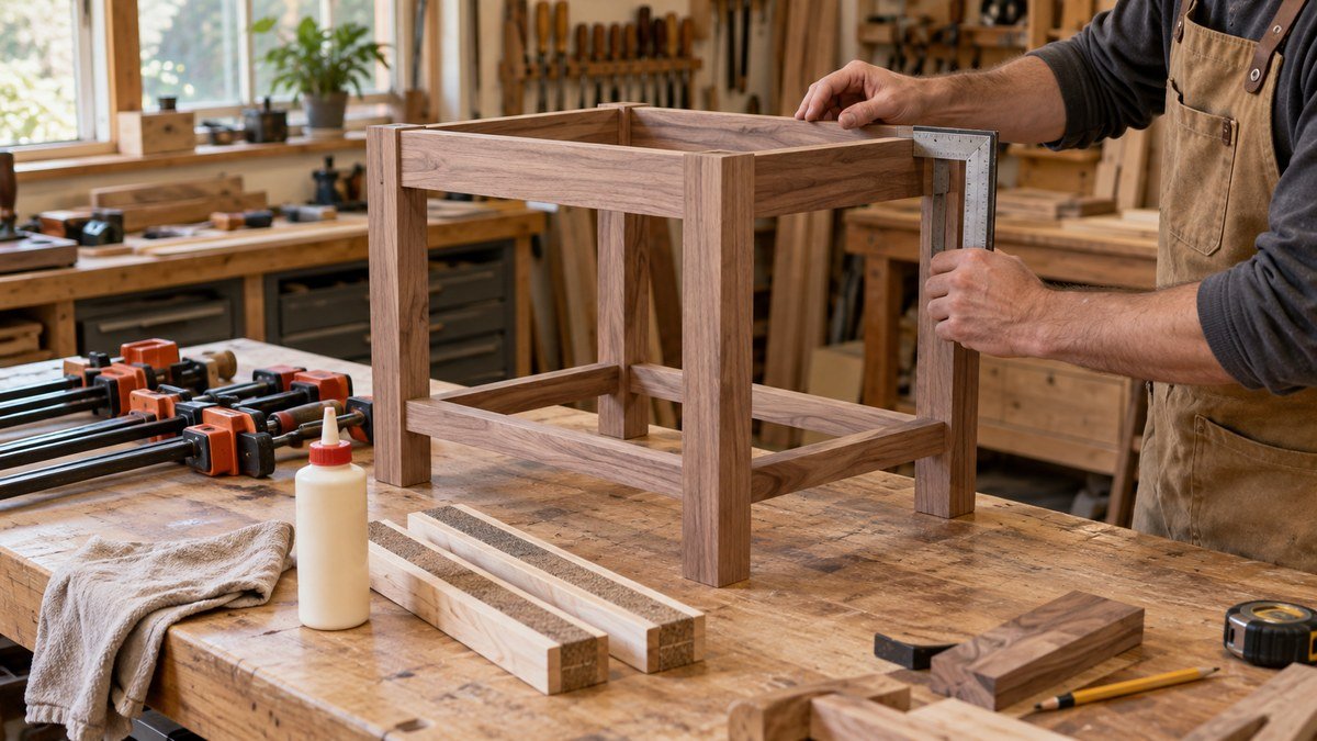 Woodworker checking a dry-fitted hardwood table frame with clamps, glue, and cauls prepared nearby.