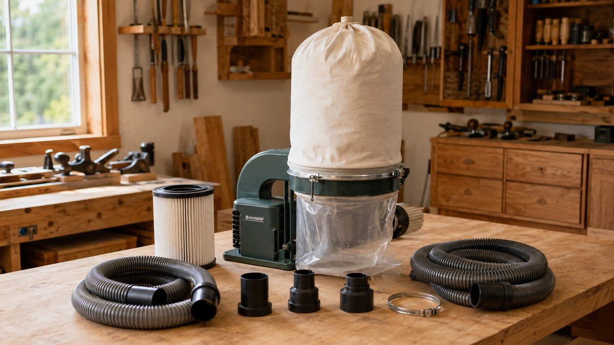 nplugged dust collector with clean filter, sealed collection bag, hoses, and adapters ready for maintenance.
