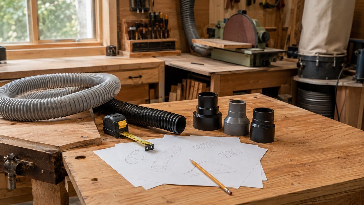 Dust-collection hoses, adapters, tape measure, pencil, and plain planning sketches on a workbench.