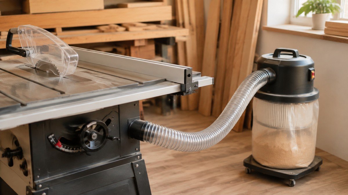 Table saw connected through a short clear hose to a compact dust collector in a tidy workshop.
