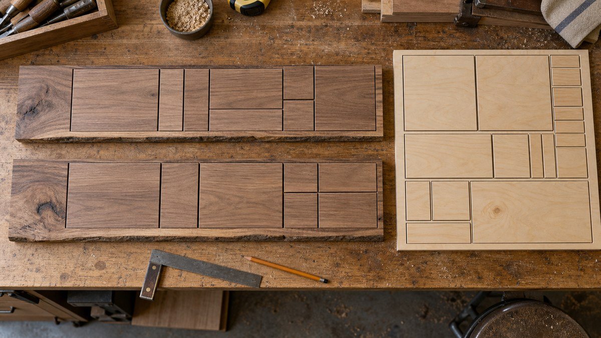 Rectangular parts nested efficiently across solid boards and plywood with realistic spacing.
