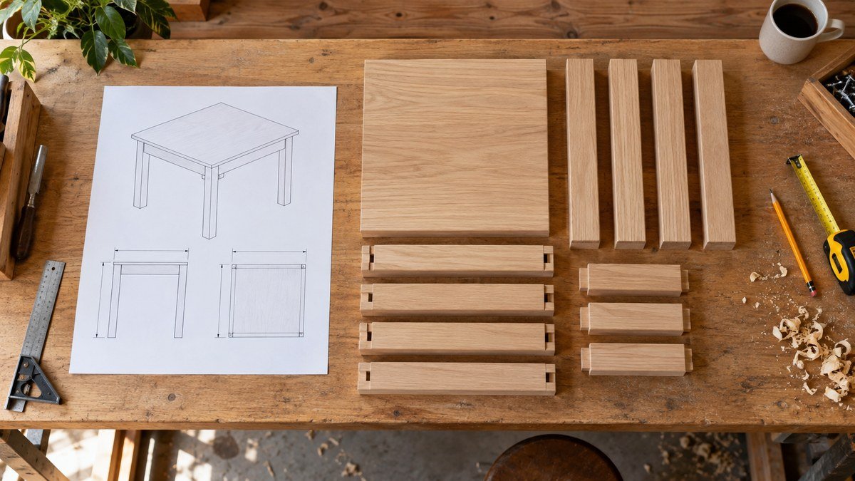 Small table plan beside neatly arranged wooden components and measuring tools on a workbench.