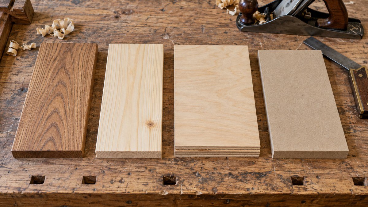 Hardwood, softwood, plywood, and fiberboard samples arranged side by side on a woodworking bench.
