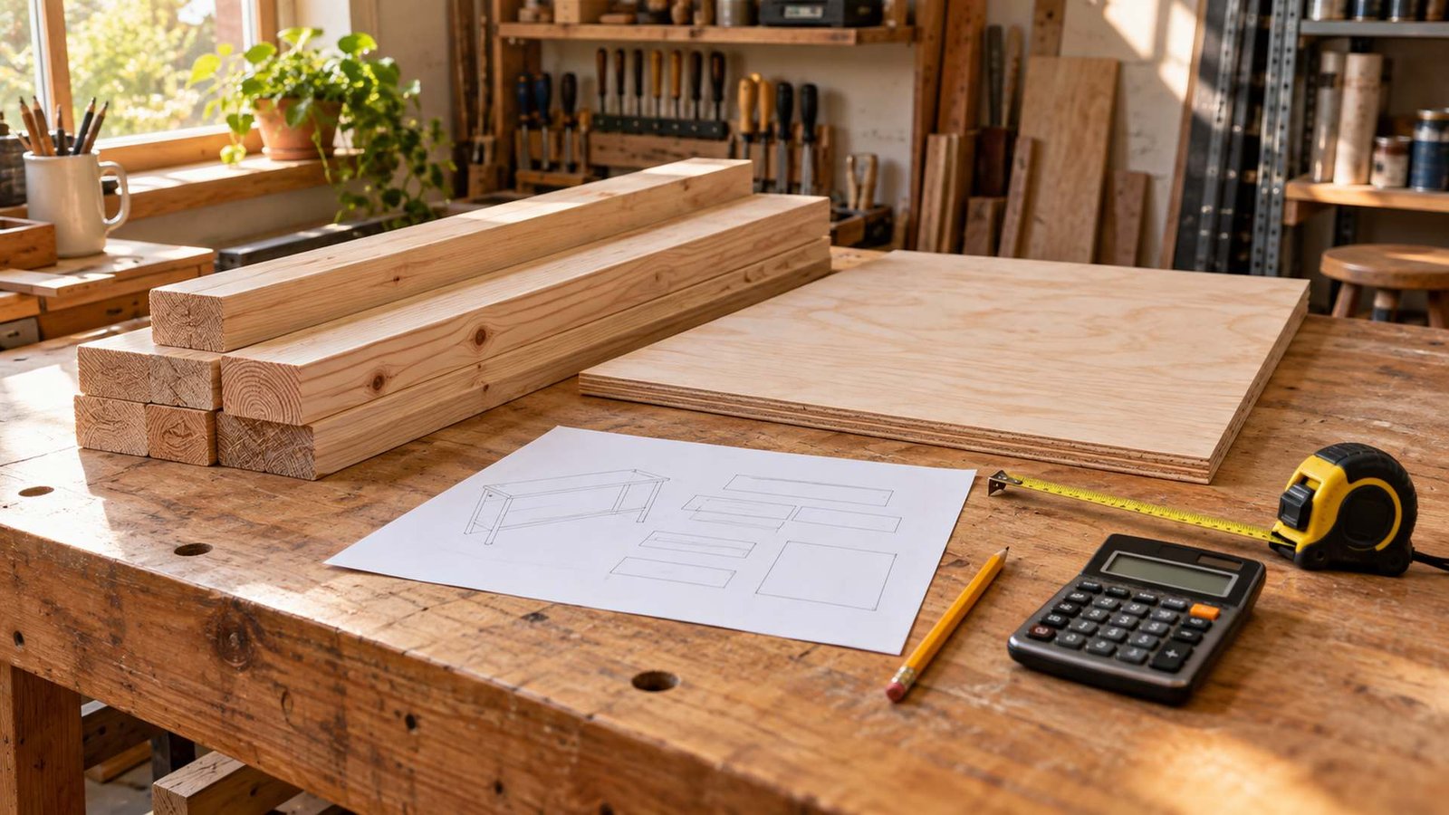 Lumber boards, plywood, a tape measure, pencil, calculator, and cut sketch arranged on a warm workshop bench.