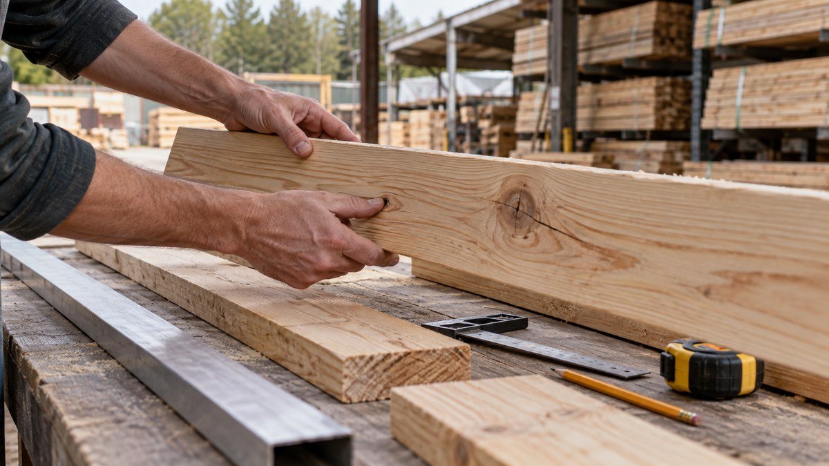 Hands inspecting a supported softwood board with a large knot and split beside straightness and measuring tools.