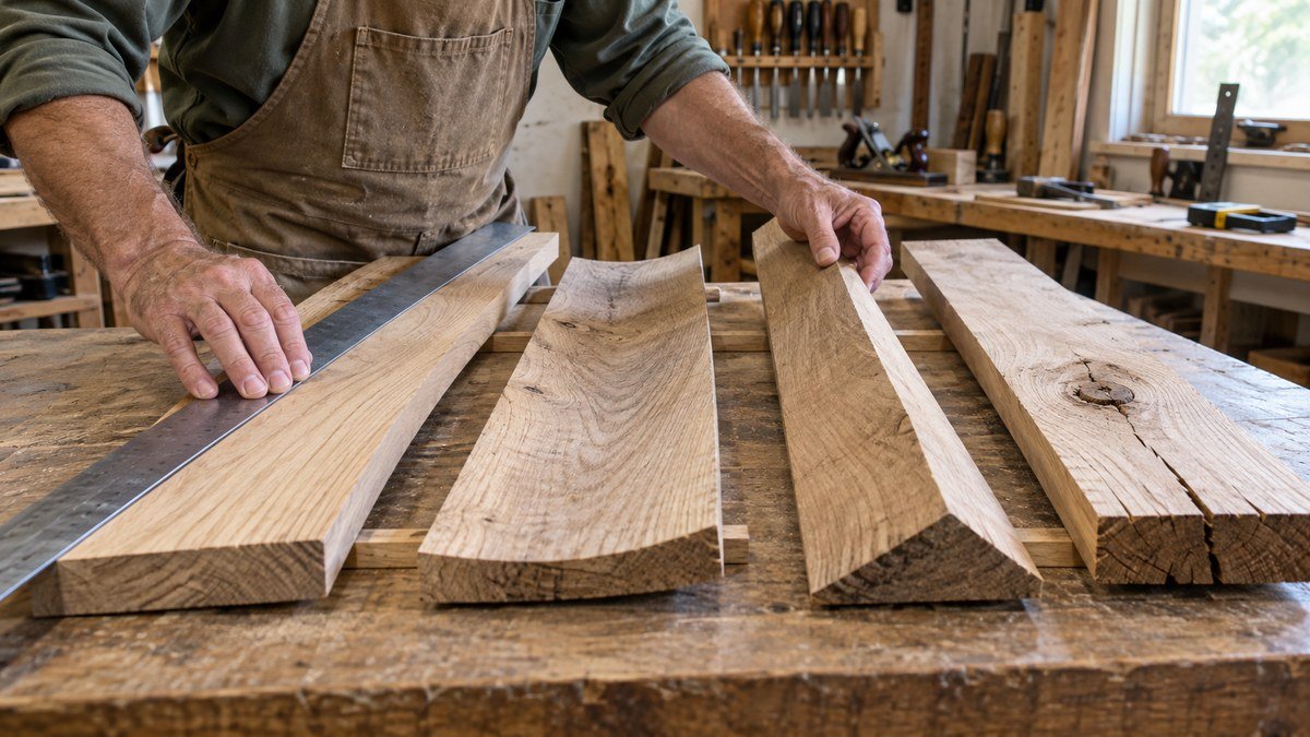 Woodworker checking several rough boards for straightness and visible defects with a metal straightedge.