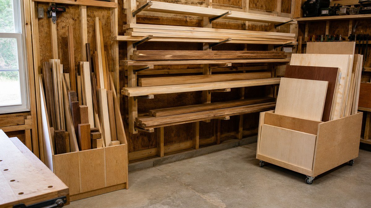 Vertical scrap bin, horizontal lumber rack, and rolling sheet-goods cart in a compact workshop.