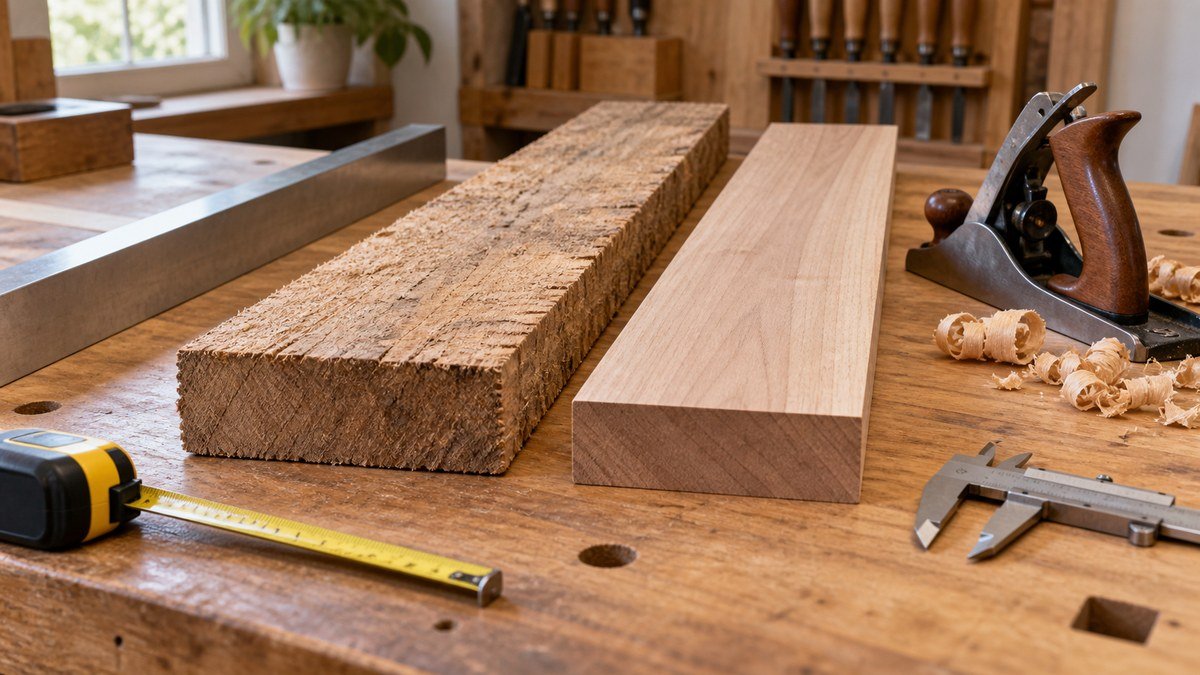 Rough and surfaced hardwood boards beside a hand plane, straightedge, calipers, and tape measure.