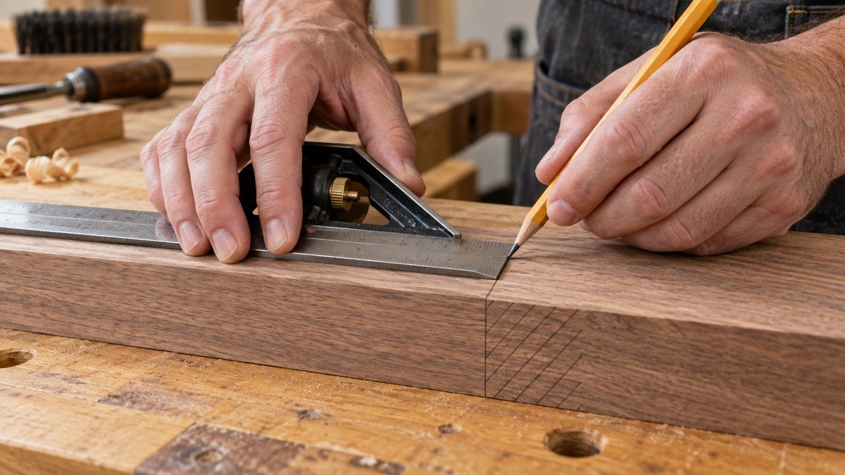 Woodworker using a combination square and pencil to mark an accurate line across a hardwood board.