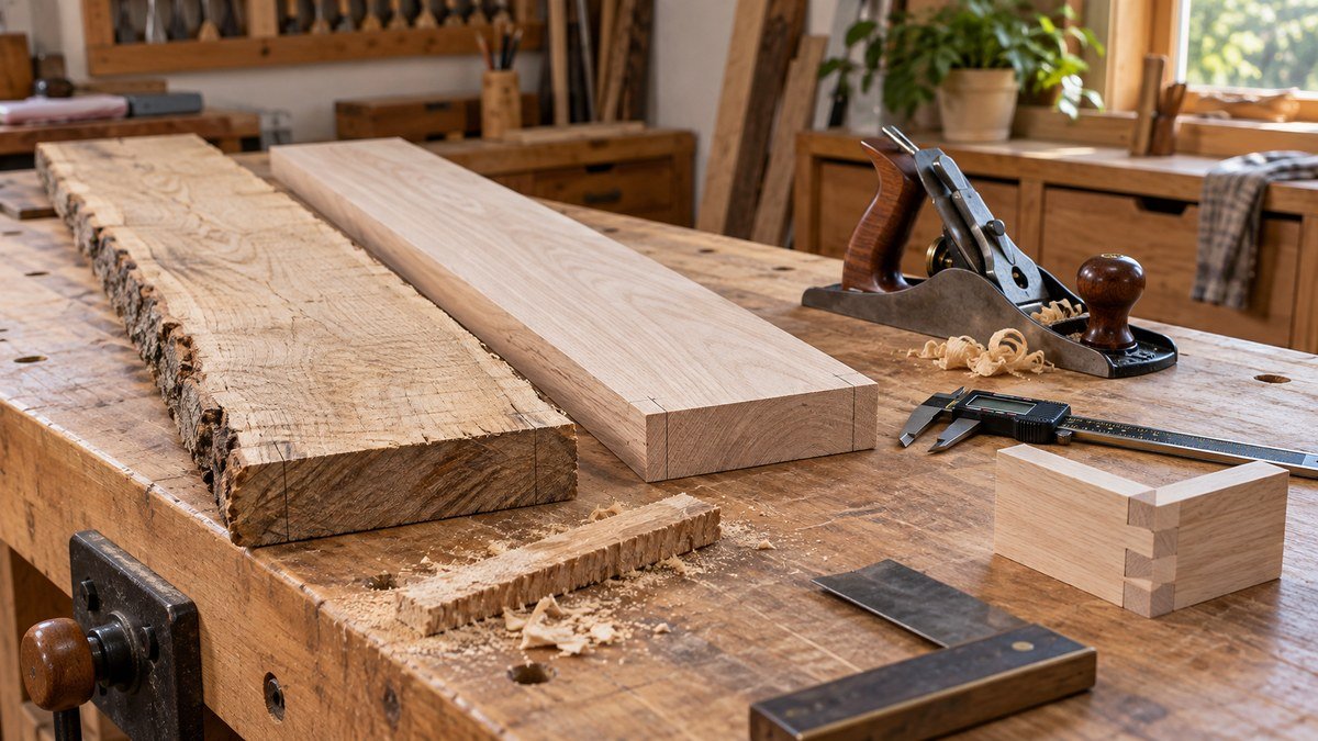 Rough and surfaced boards with a hand plane, caliper, square, trimming marks, and joinery test piece.