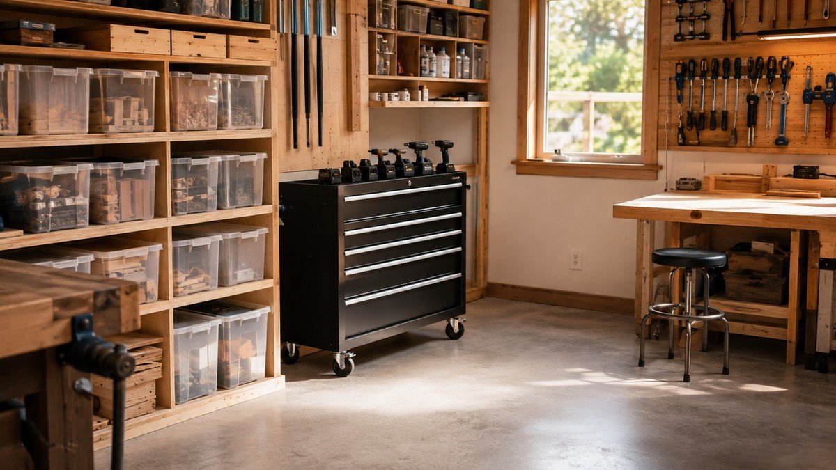 Transparent parts bins, rolling cabinet, and small workbench arranged around a clear workshop aisle.