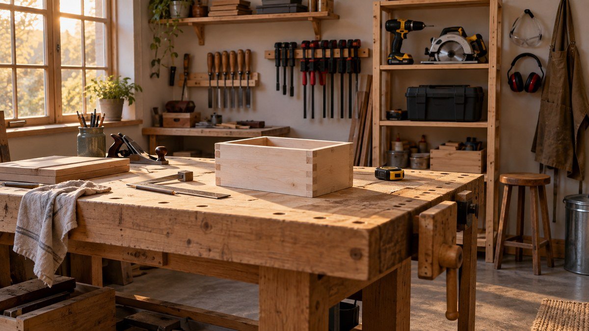 Finished compact workshop with a wooden box project on a sturdy bench and neatly stored beginner tools and safety gear.