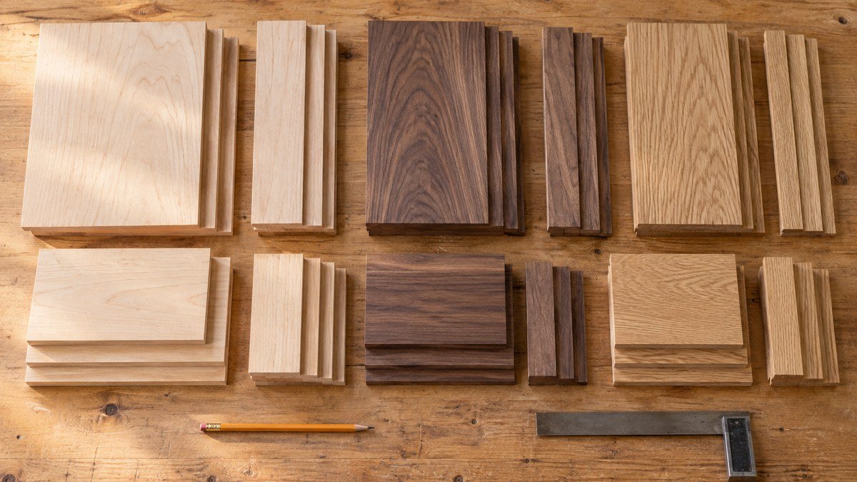 Maple, walnut, and oak project parts sorted into tidy groups by thickness and grain.