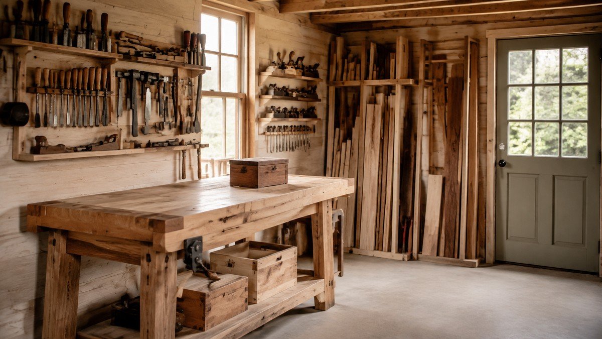 Finished compact workshop with organized wall tools, lumber storage, workbench, and clear floor.