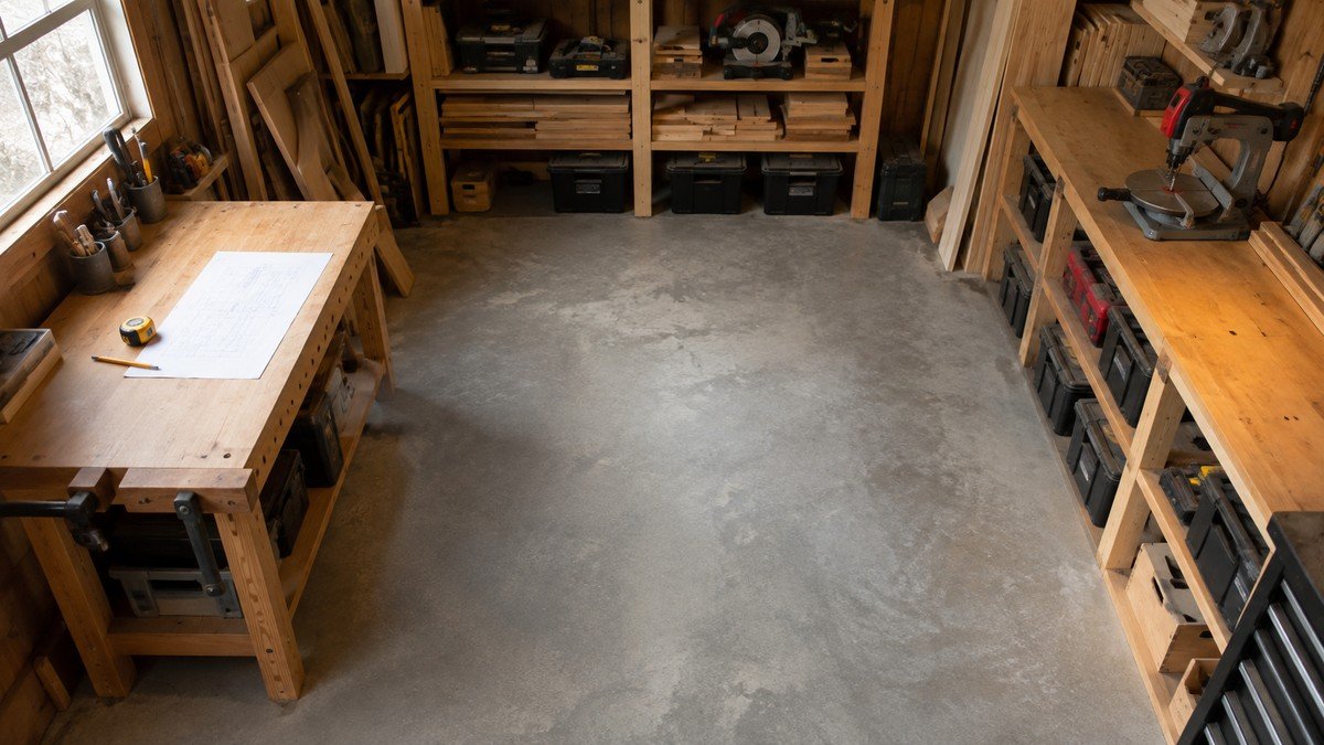 Measured compact workshop with tools grouped beside the walls and an open central aisle for planning storage.