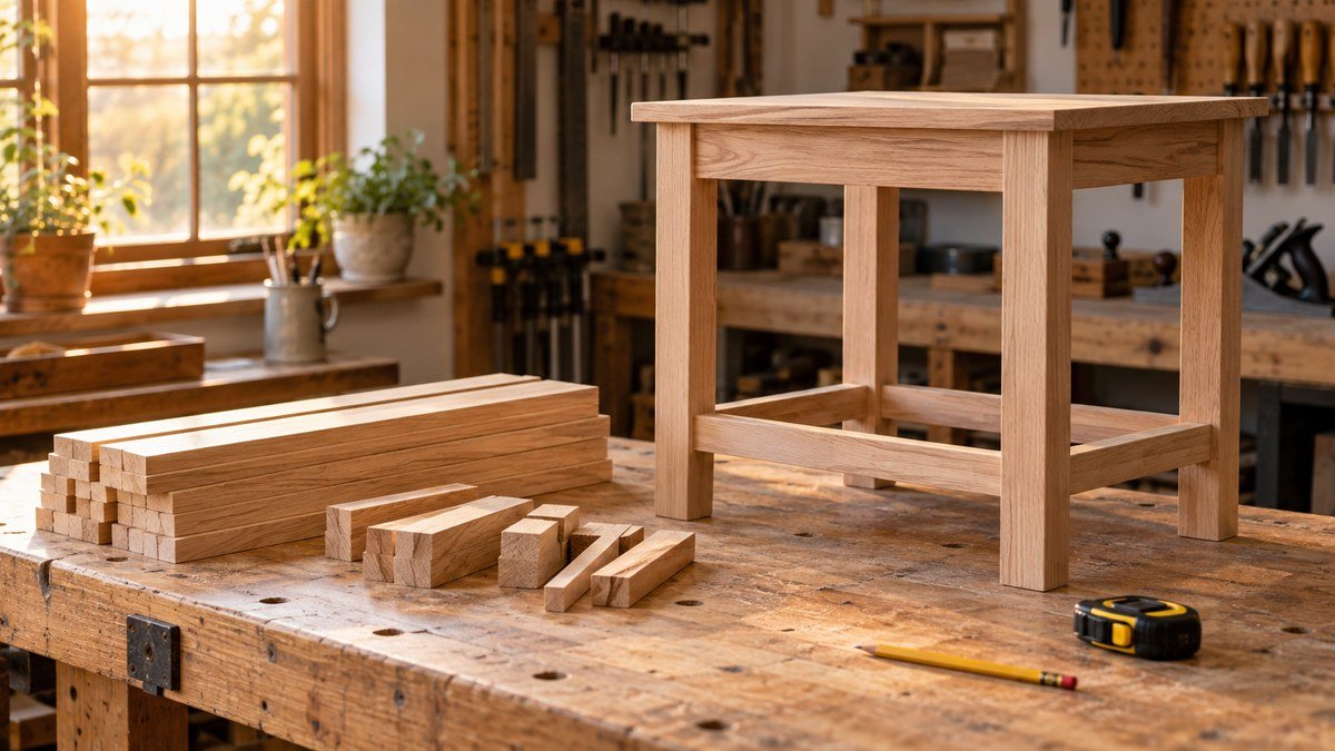 Unfinished side table beside neatly stacked lumber and useful offcuts in a warm home workshop.