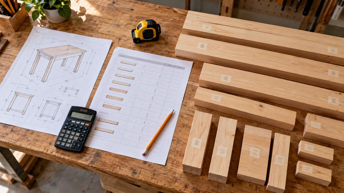 Woodworking plans, calculator, pencil, tape measure, and labeled lumber parts arranged on a workbench before cutting.