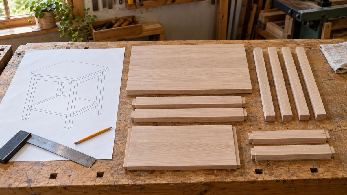 Small table drawing beside matching top, leg, rail, and shelf components arranged by assembly.