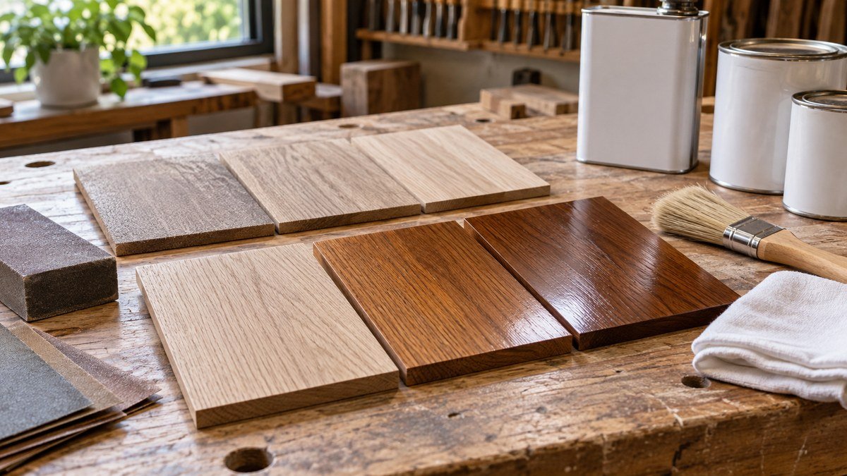 Matching wood samples prepared with different sanding levels and finish tones beside a brush and clean cloth.