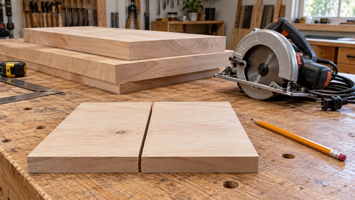 Two scrap boards showing a narrow test-cut gap beside an unplugged circular saw and oversized lumber blanks.