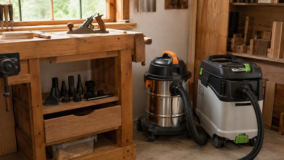 Shop vacuum and compact dust extractor parked beside a wooden workbench with organized hoses.