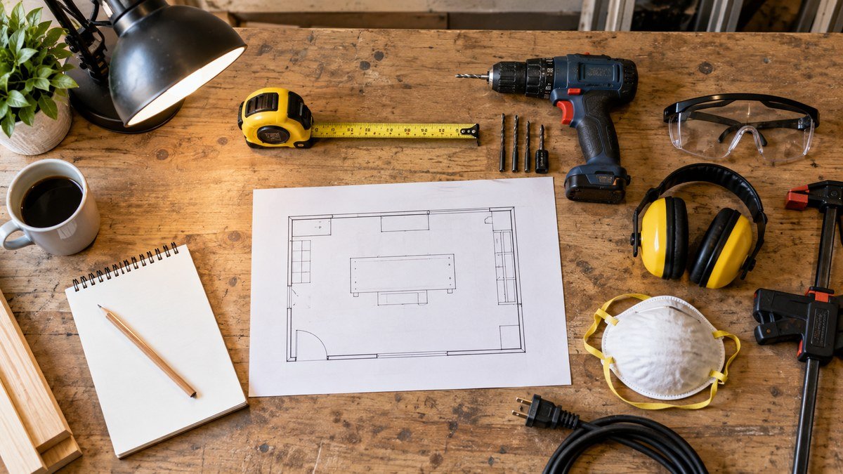 Workshop floor plan surrounded by a drill, measuring tape, clamp, lighting, electrical cord, and protective equipment.