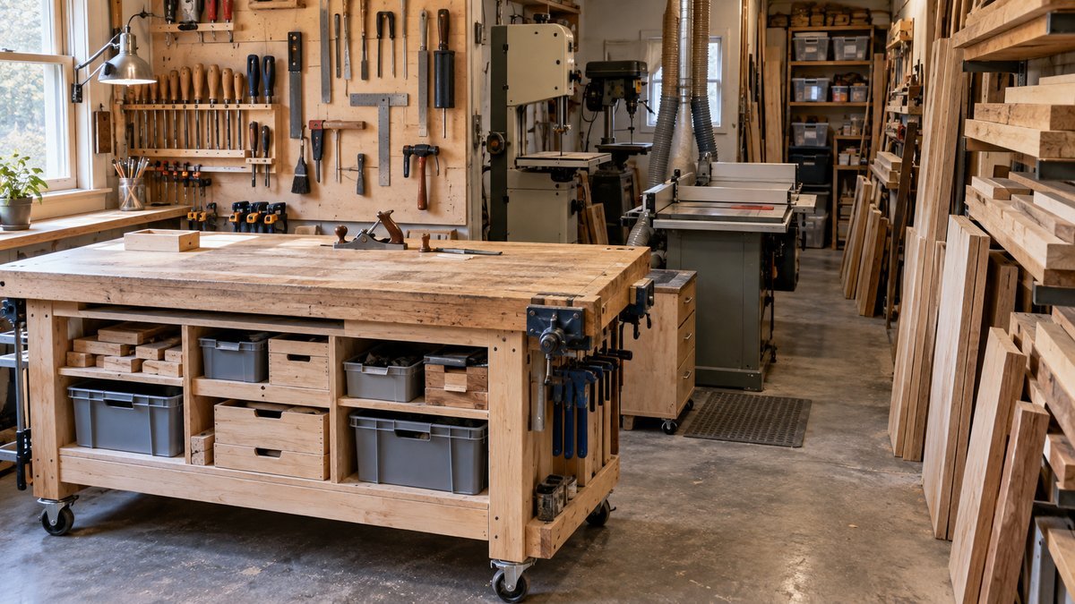Compact workshop with a mobile workbench, organized hand tools, stationary machines, dust hoses, and closely stored lumber.