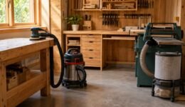Compact woodshop with a shop vacuum, chip collector, short extraction hoses, workbench, and clear floor.