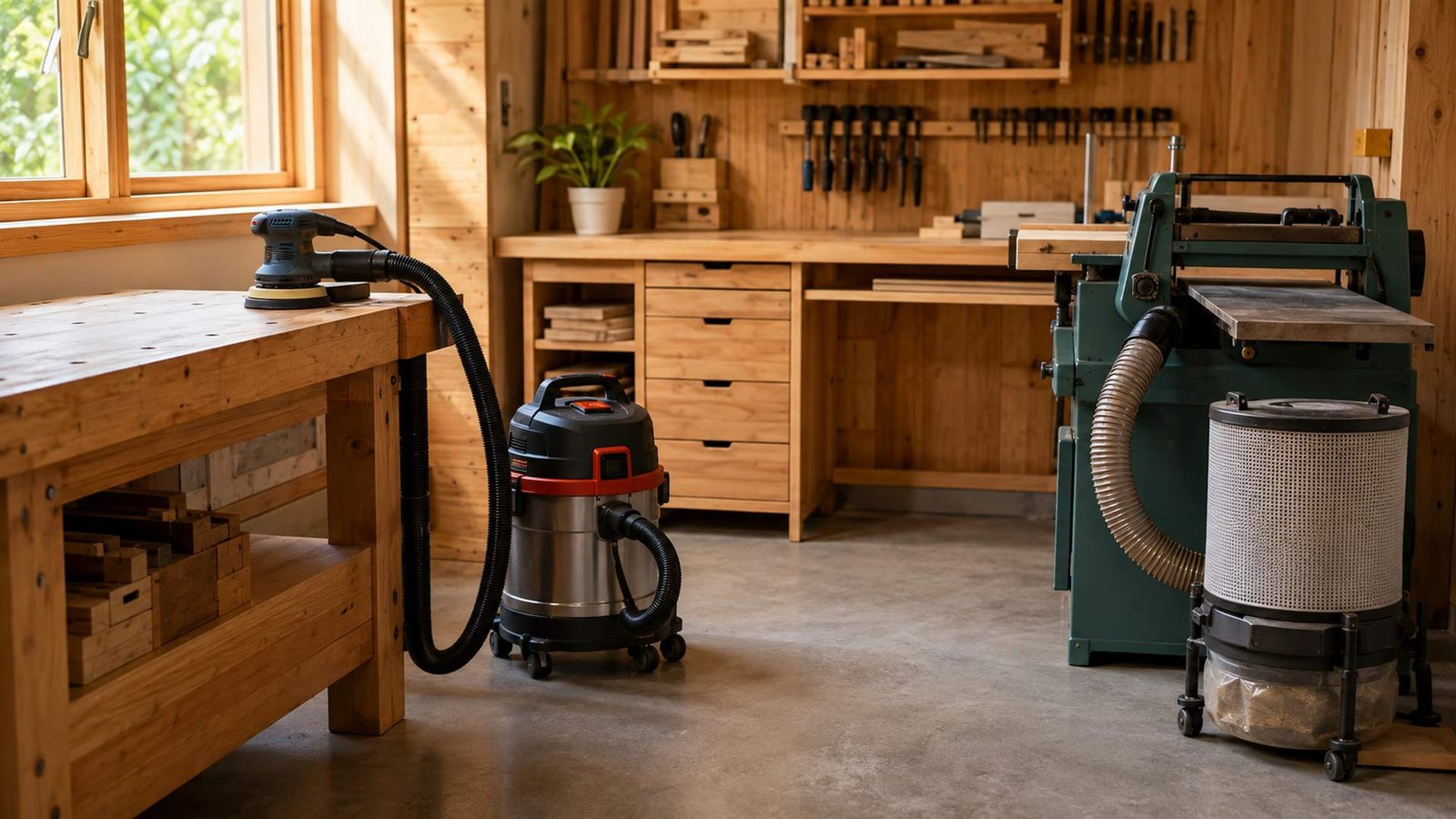 Compact woodshop with a shop vacuum, chip collector, short extraction hoses, workbench, and clear floor.