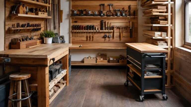Compact woodworking shop with organized wall tools, a workbench, rolling cart, lumber rack, and clear floor.
