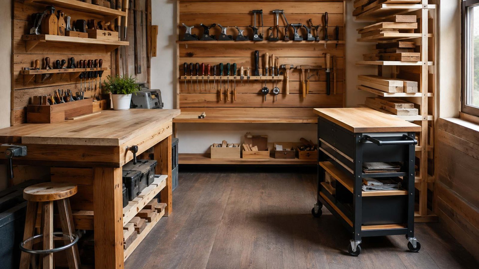 Compact woodworking shop with organized wall tools, a workbench, rolling cart, lumber rack, and clear floor.