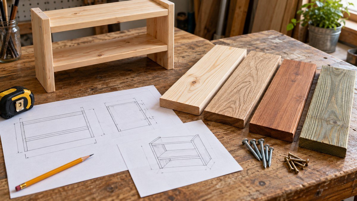 Small shelf plan, shelf mockup, several board choices, fasteners, tape measure, and pencil on a workshop bench.