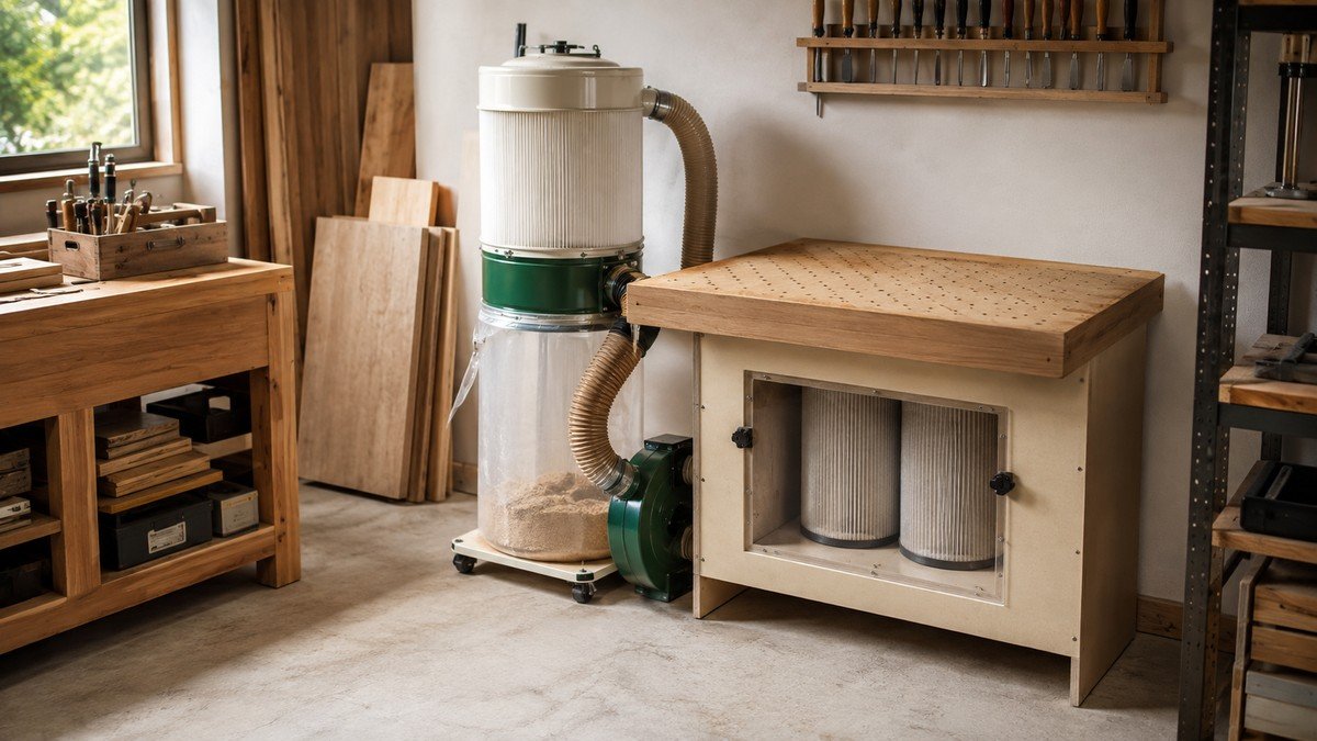 Compact two-stage dust collector next to a wooden downdraft table with accessible filters.