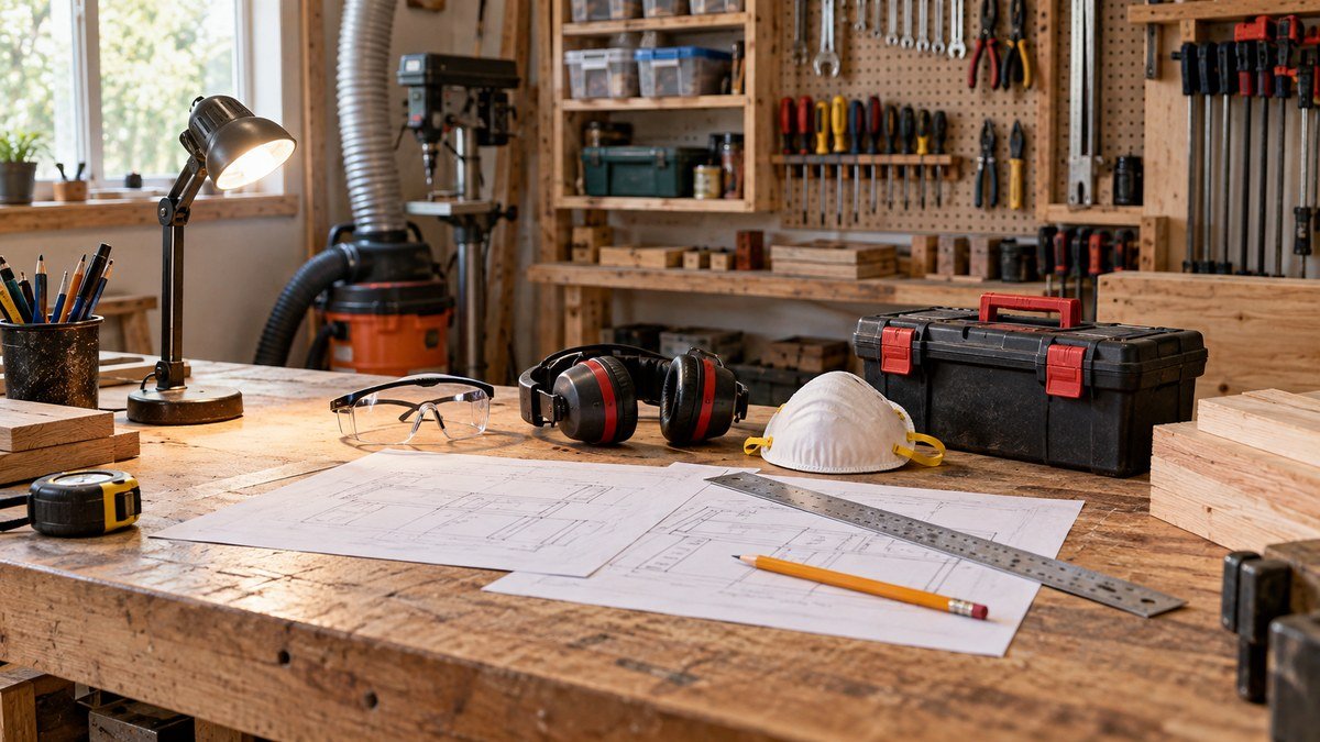Workshop plans, measuring tools, safety glasses, hearing protection, dust mask, task light, toolbox, and organized wall tools.