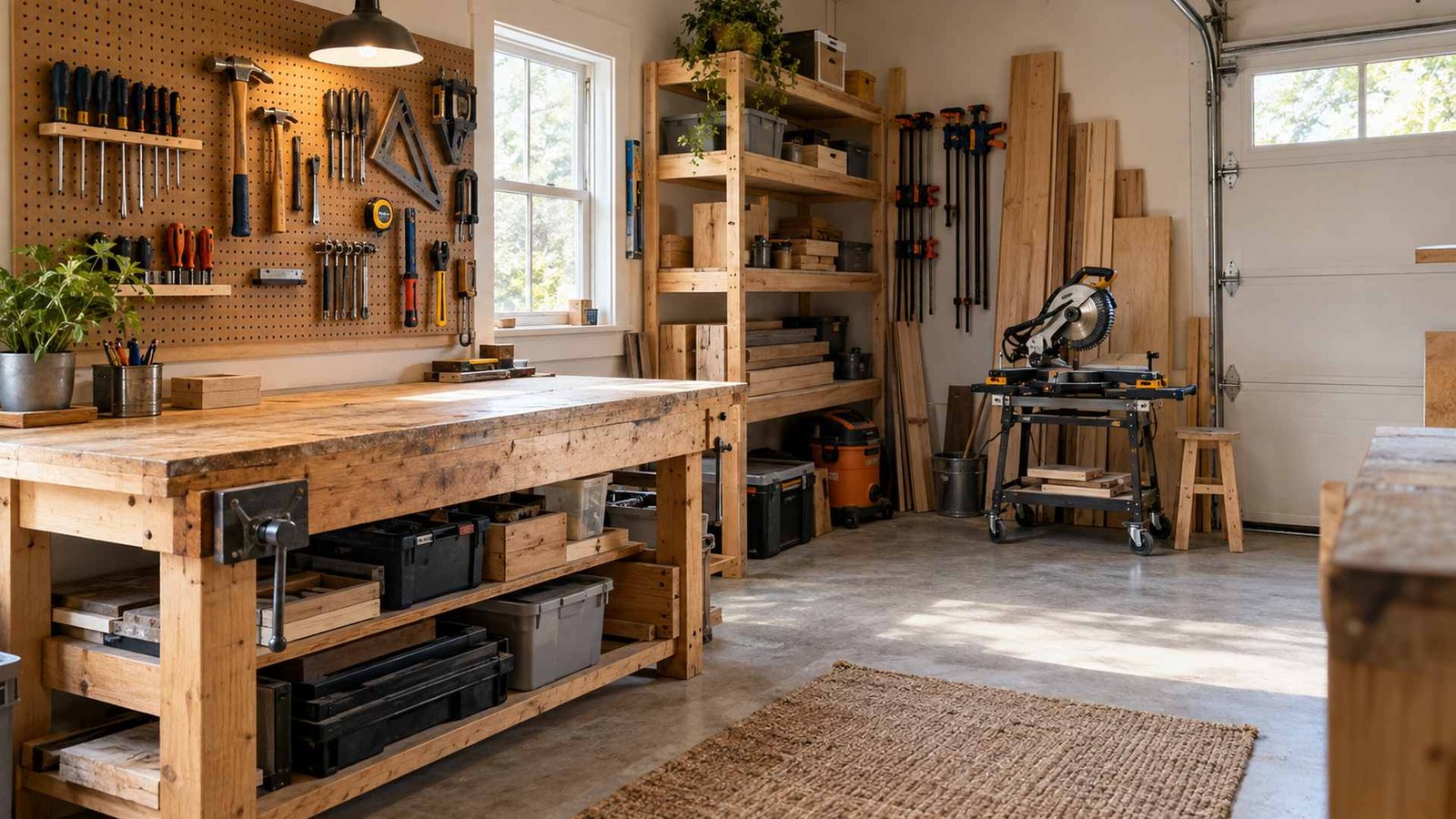 Organized compact woodworking workshop with a large workbench, wall-mounted tools, lumber storage, and a mobile miter saw.
