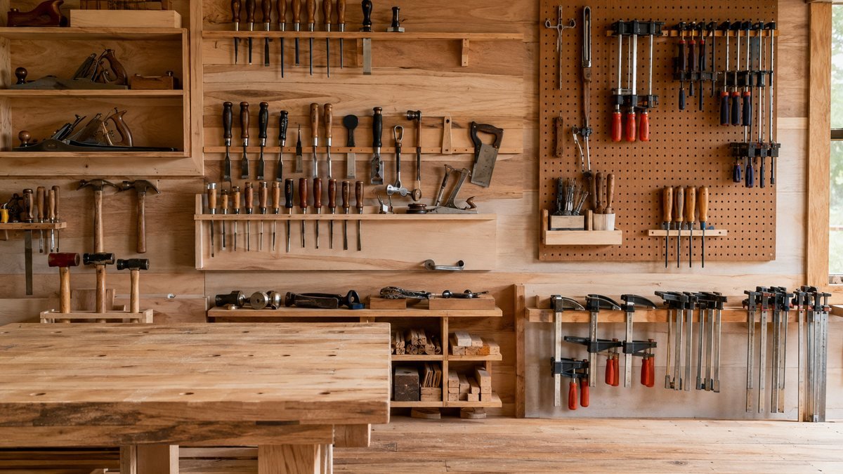 Workshop wall with pegboard, shallow shelves, clamps, and hand tools arranged above a wooden workbench.