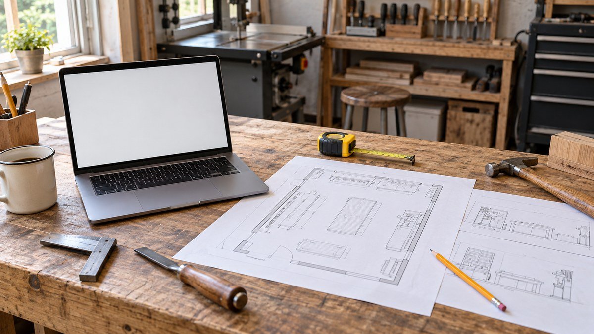 Laptop with a blank screen and workshop floor plans arranged with measuring and woodworking tools on a workbench.