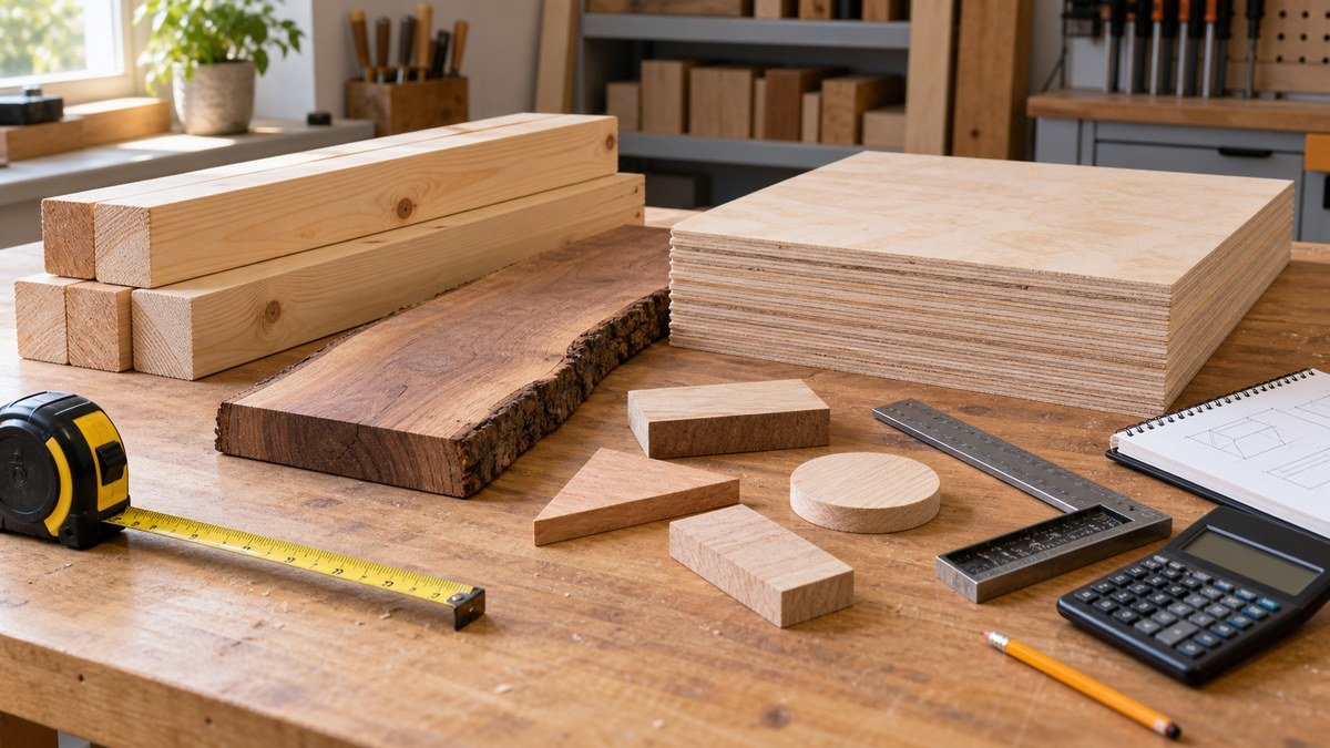 Different lumber types, plywood, offcuts, measuring tools, and a calculator arranged for comparison.